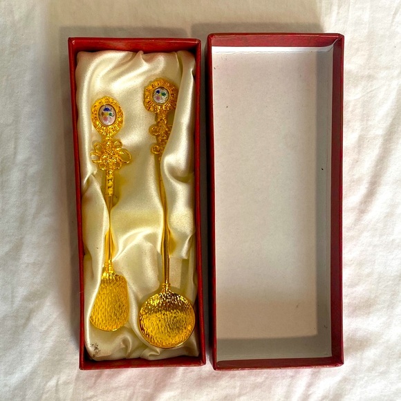 Cecile Other - Vintage Cécile Gold-Plated Serving Spoons with Floral Porcelain Handles – 1970s